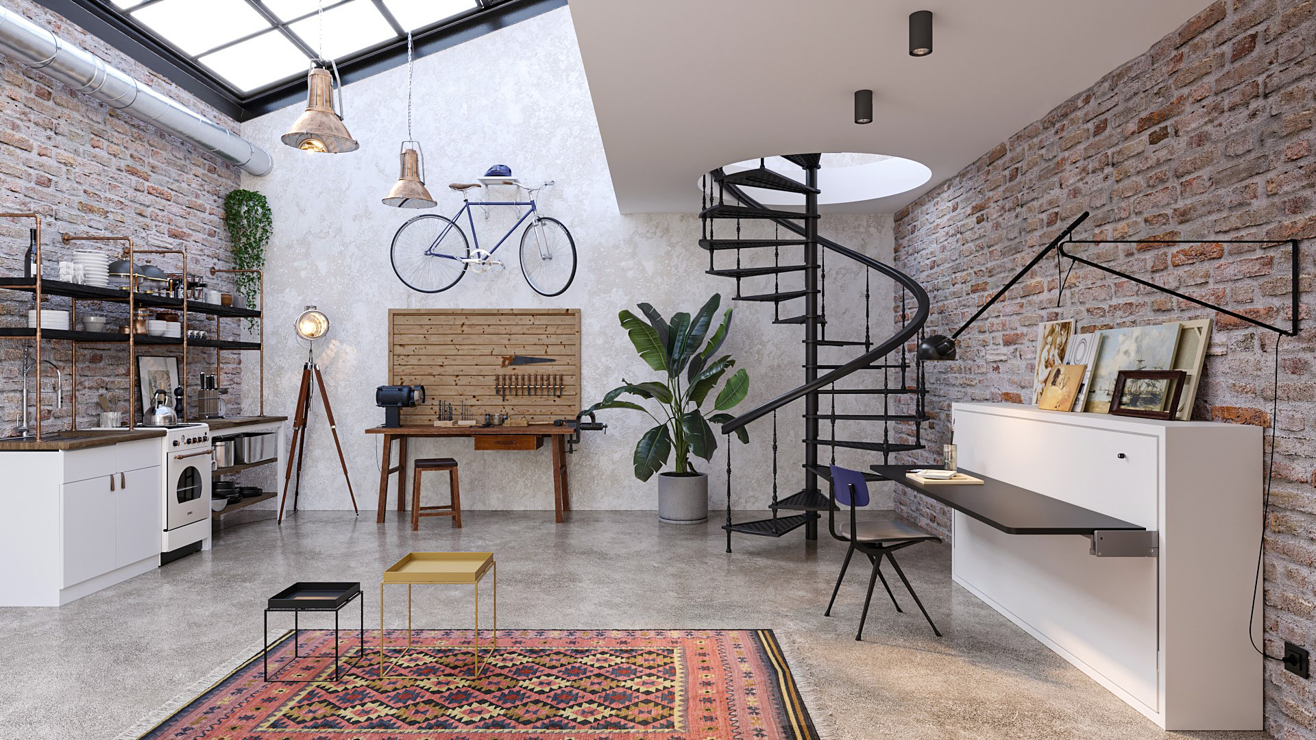 Vízszintes falágy asztallal egy loft lakásban